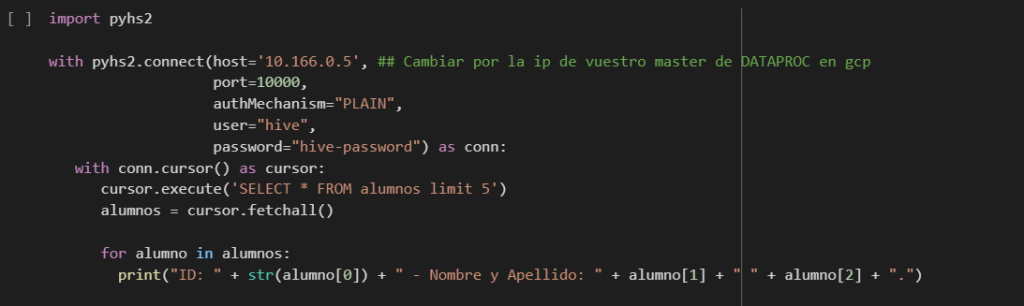 Hacer queries en DataProc con GCloud, Python y Hive 2 DataProc con GCloud