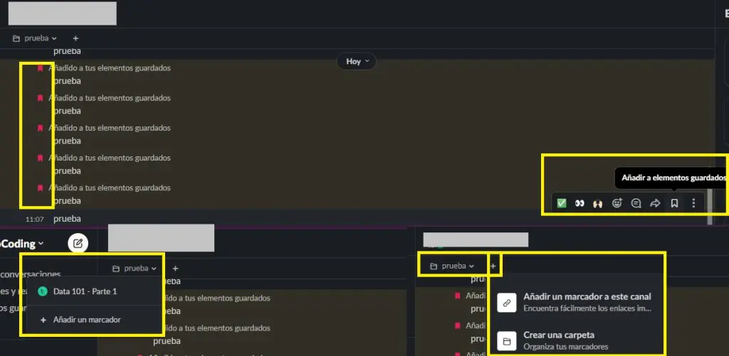 Chinchetas y marcadores en Slack 3 marcadores y elementos guardados