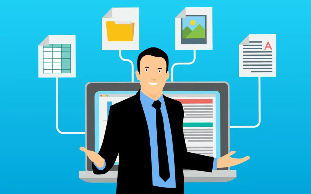 ¿Para qué sirven las máquinas virtuales en Big data? 2 imagen prediseñada de hombre mostrando un computador con diferentes aplicaciones