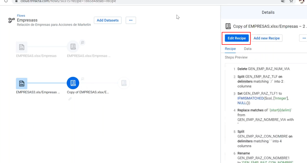 configuración de un recipe en Trifacta: paso 6