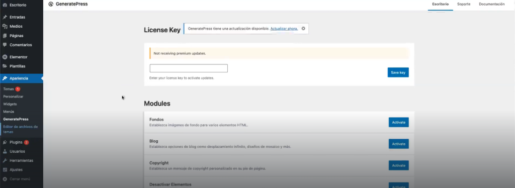 Elementos de generatepress para apariencia