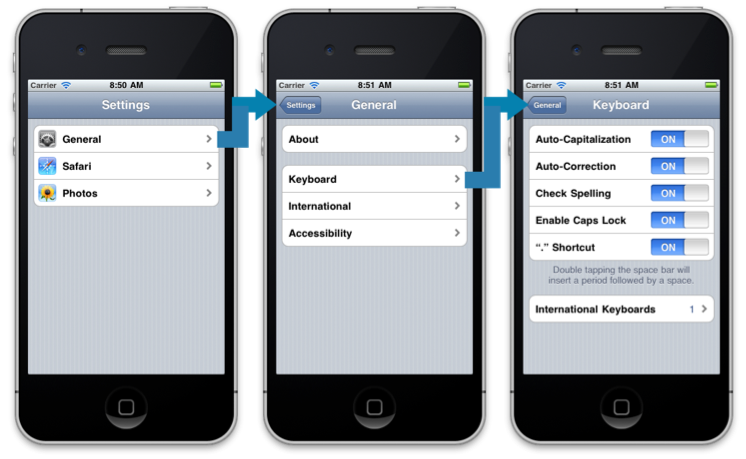 Settings, General y Keyboard