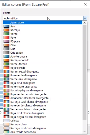 Captura de pantalla de Tableau donde se muestra la variedad de paletas de colores.