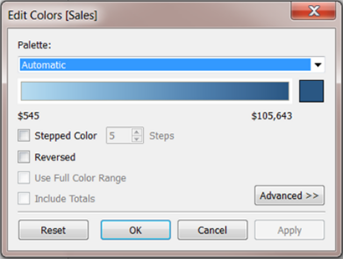 Captura de pantalla de Tableau que muestra una paleta de color secuencial de color azul.