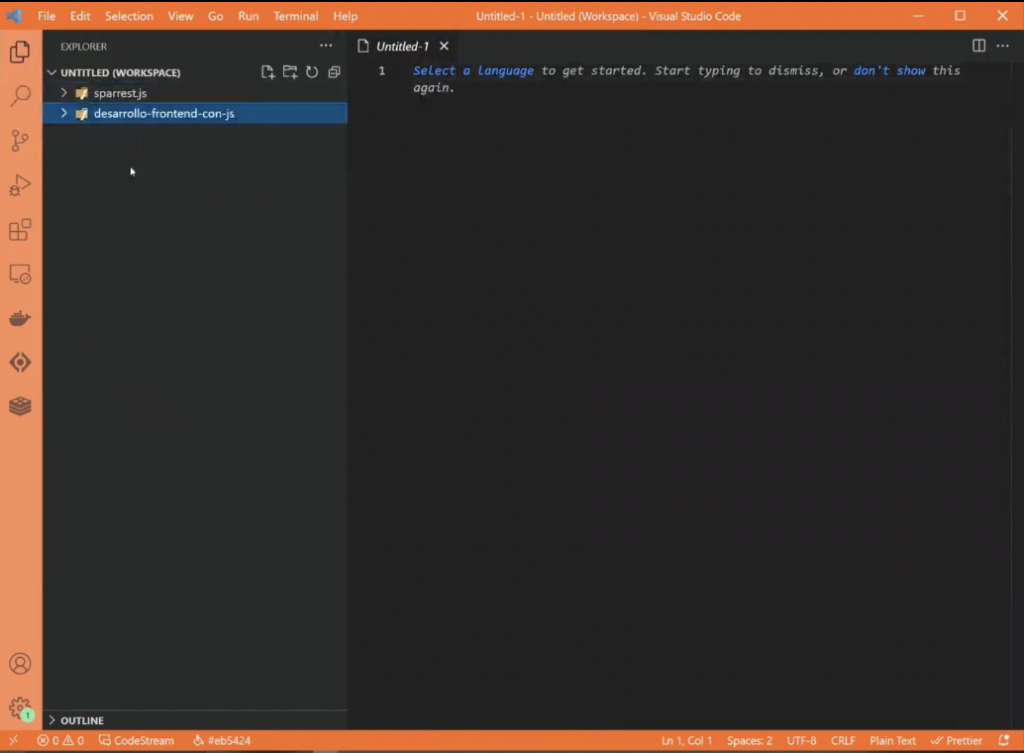 Pantallazo del comportamiento de open workspace en Visual Studio Code