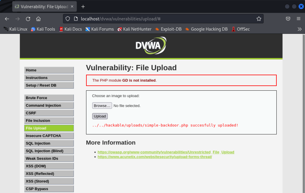 Ataque de subida de ficheros en DVWA 6