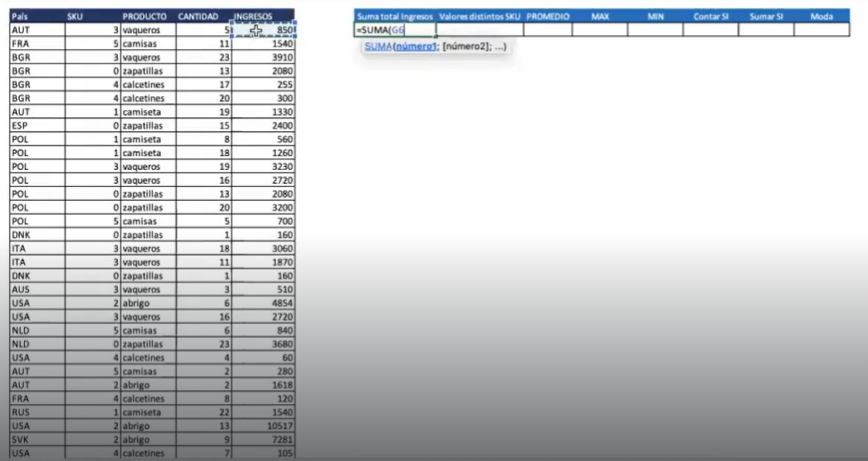 Ejercicio con los cálculos de operaciones en Excel