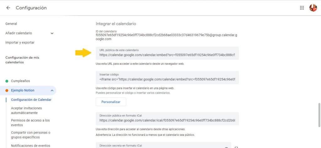 Google Calendar en Notion