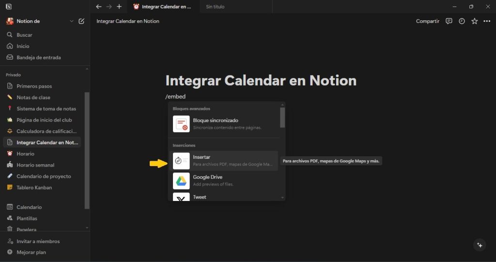 Google Calendar en Notion