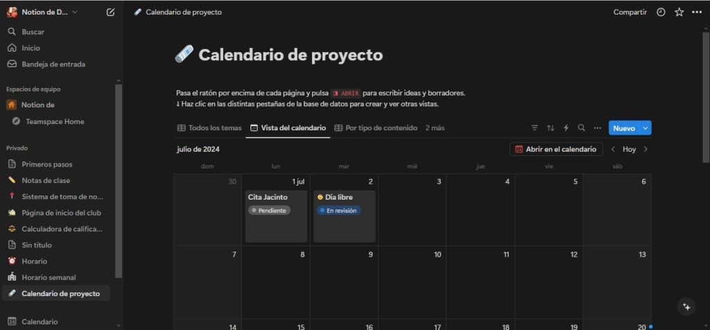 hacer un horario en Notion