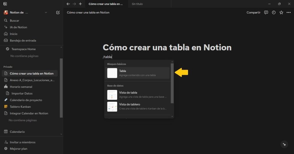 Tablas en Notion