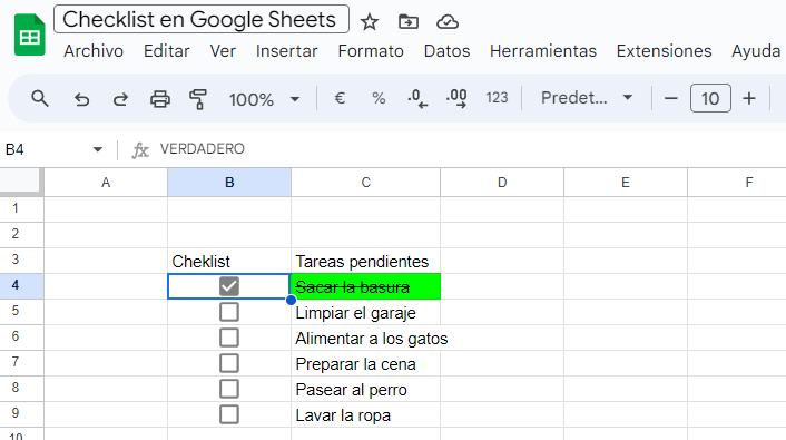 checklist en Google Sheets