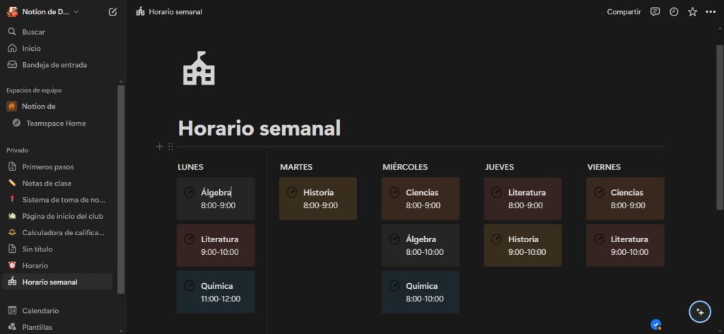 hacer un horario en Notion