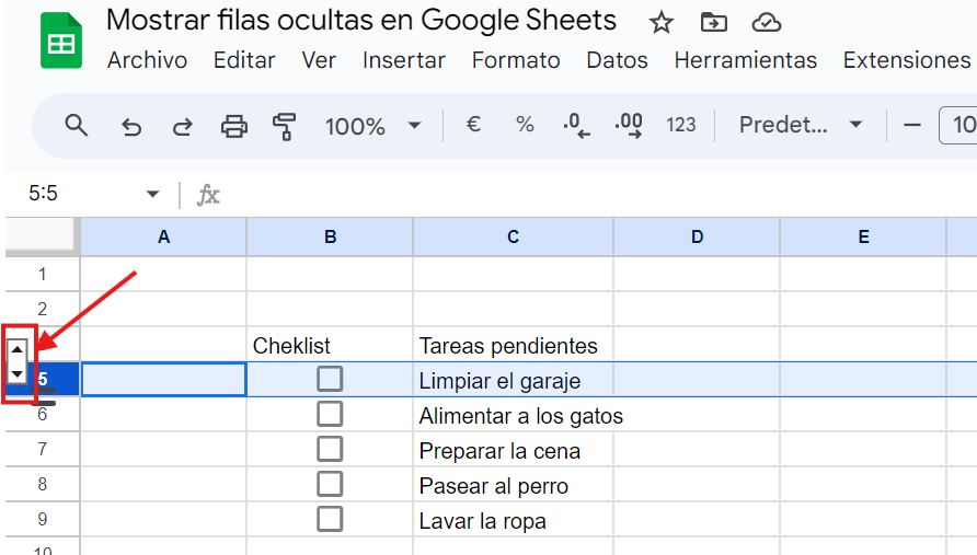 cómo mostrar filas ocultas en Google Sheets