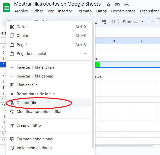 cómo ocultar filas en Google Sheets