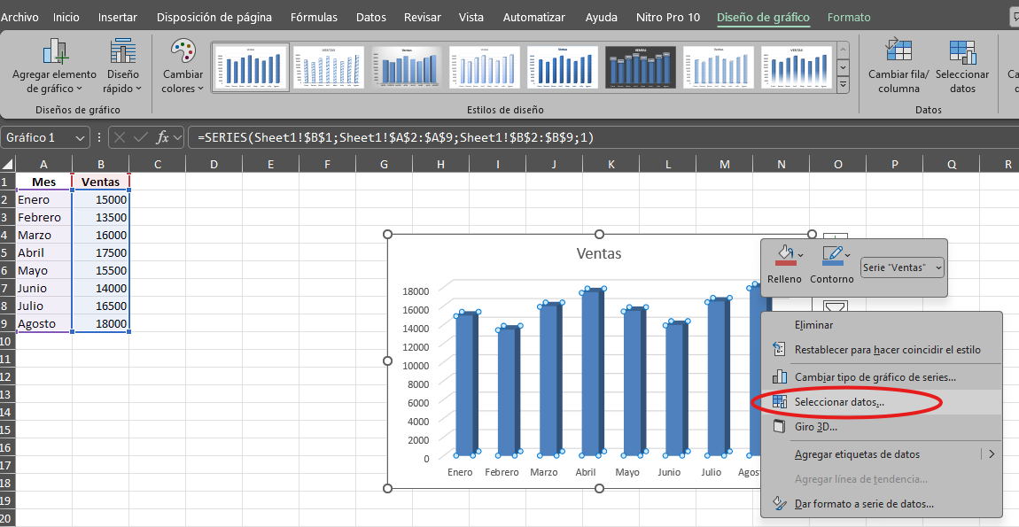 seleccionar datos en gráfico de excel