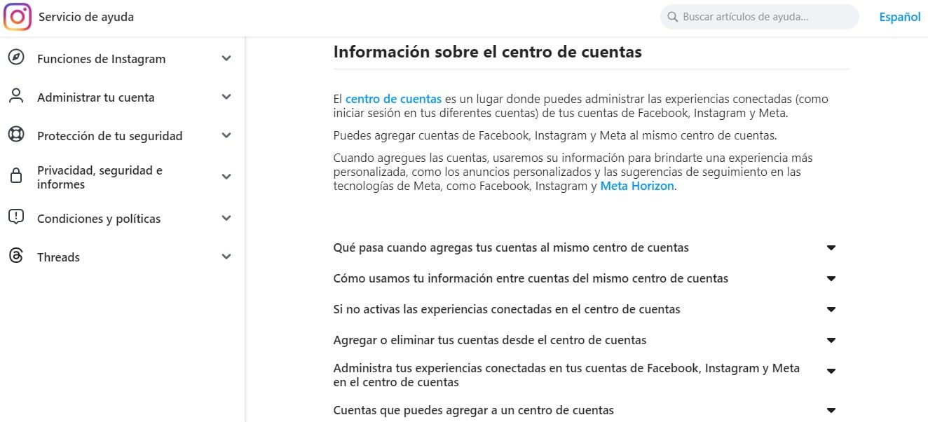 centro de cuentas Instagram