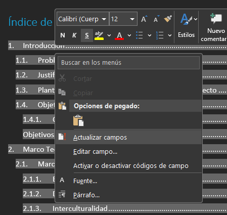 hacer un índice en Word: paso 4