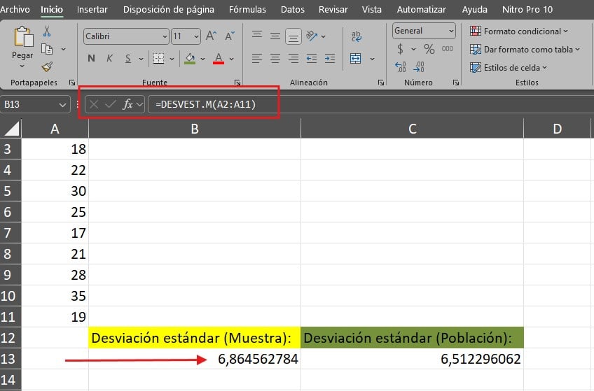 desviación estándar en Excel muestra