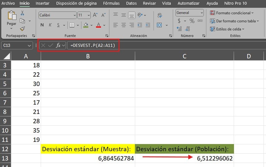 desviación estándar en Excel población