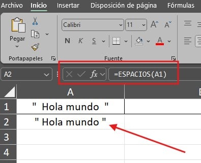 quitar espacios en blanco en Excel función ESPACIOS